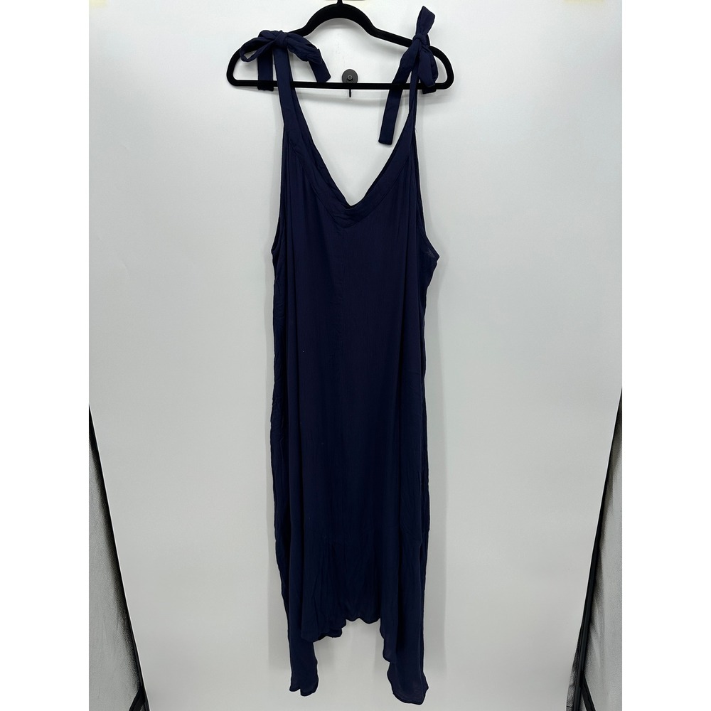 Ashley Stewart Navy Tie Strap Maxi Dress Asymmetrical Hem Sz 4X Boho Resort